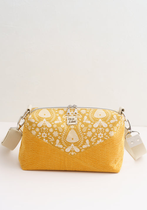 Crossbody Tasche aus gelbem Cord mit Bienenmotiv