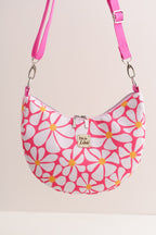 Handgenähte Half Moon Bag Bananentasche mit Retro-Blumenmuster – Pinke Umhängetasche