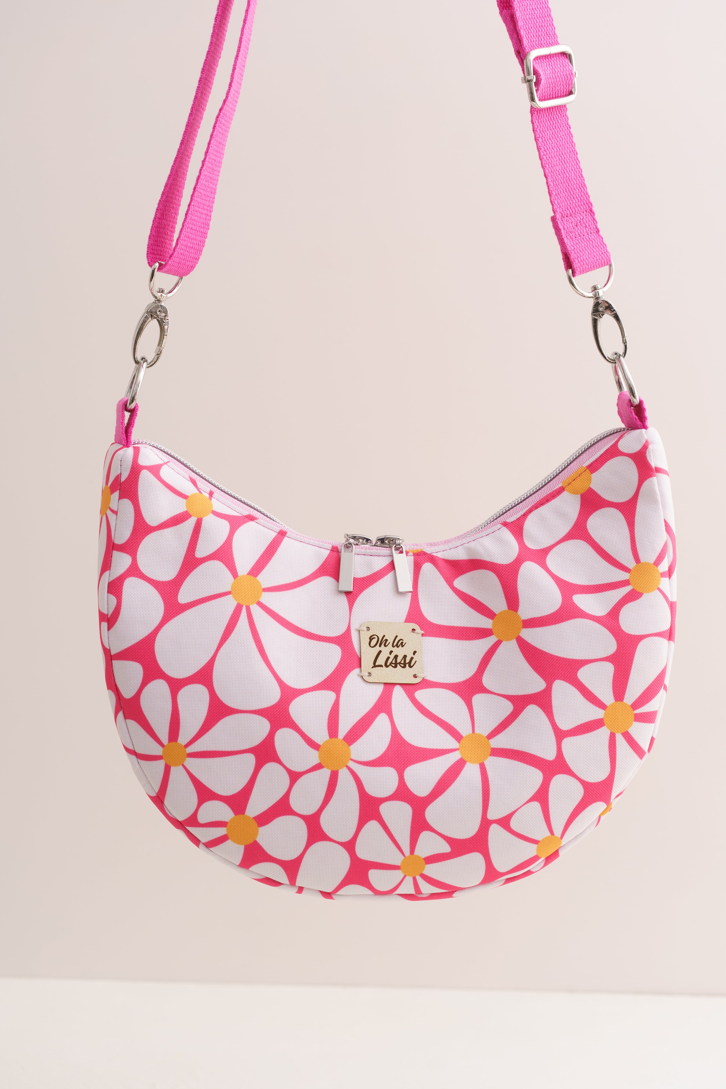 Handgenähte Half Moon Bag Bananentasche mit Retro-Blumenmuster – Pinke Umhängetasche