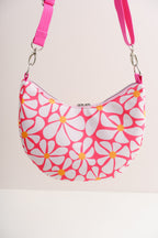 Handgenähte Half Moon Bag Bananentasche mit Retro-Blumenmuster – Pinke Umhängetasche