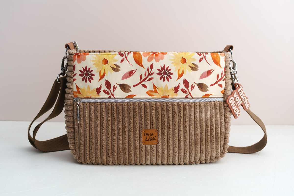 Umhängetasche "Aquarellblumen" Braun – Crossbody Bag aus Cord und Canvas - Oh la Lissi
