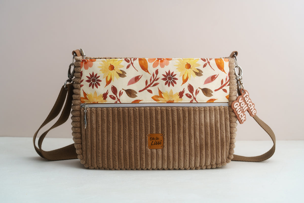 Umhängetasche "Aquarellblumen" Braun – Crossbody Bag aus Cord und Canvas - Oh la Lissi