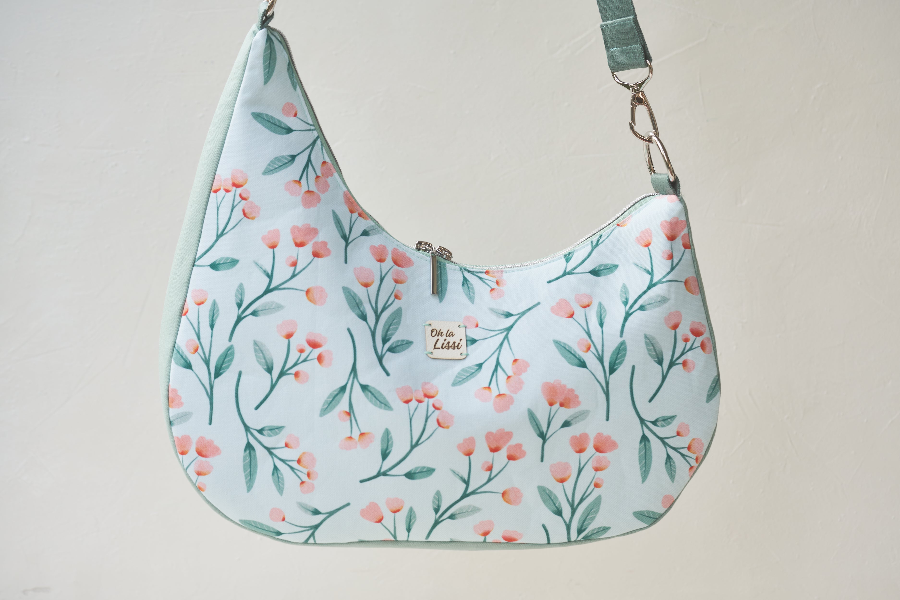 Umhängetasche Damen türkis rosa Blumen Crossbody Bag mit Reißverschluss Stofftasche mit Innenfach