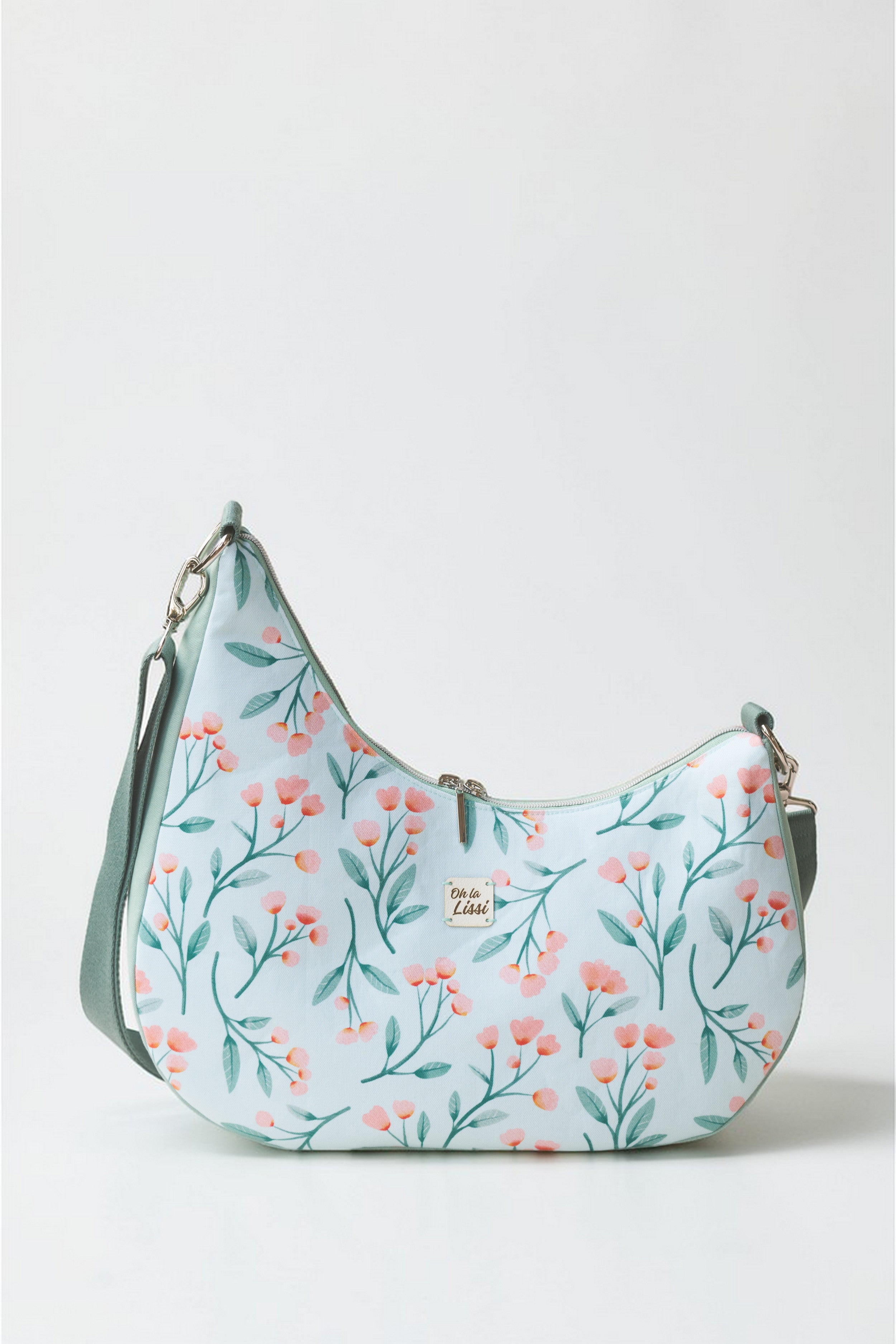 Umhängetasche Damen türkis rosa Blumen Crossbody Bag mit Reißverschluss Stofftasche mit Innenfach vorn