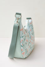 Umhängetasche Damen türkis rosa Blumen Crossbody Bag mit Reißverschluss Stofftasche mit Innenfach seitenansicht