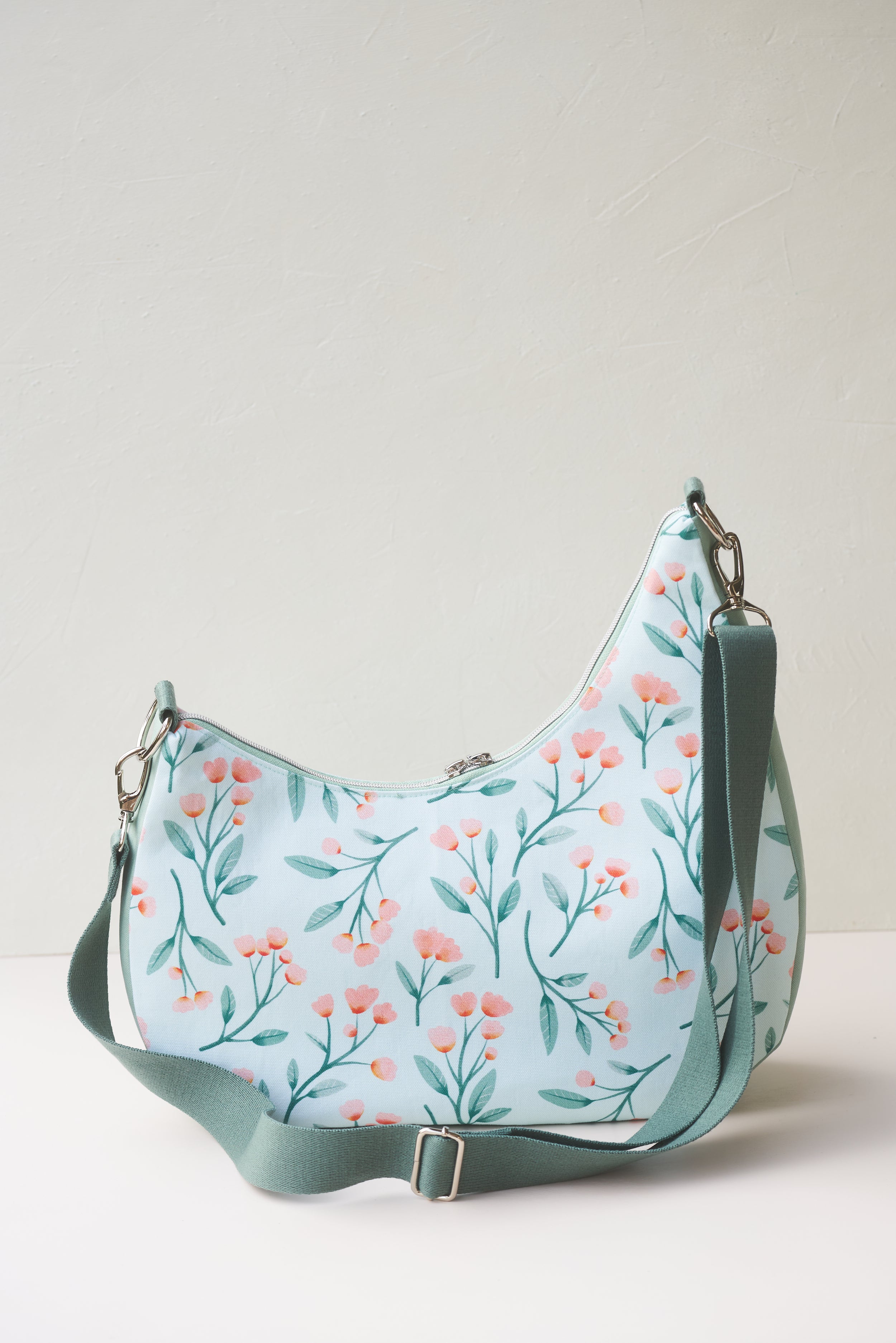 Umhängetasche Damen türkis rosa Blumen Crossbody Bag mit Reißverschluss Stofftasche mit Innenfach