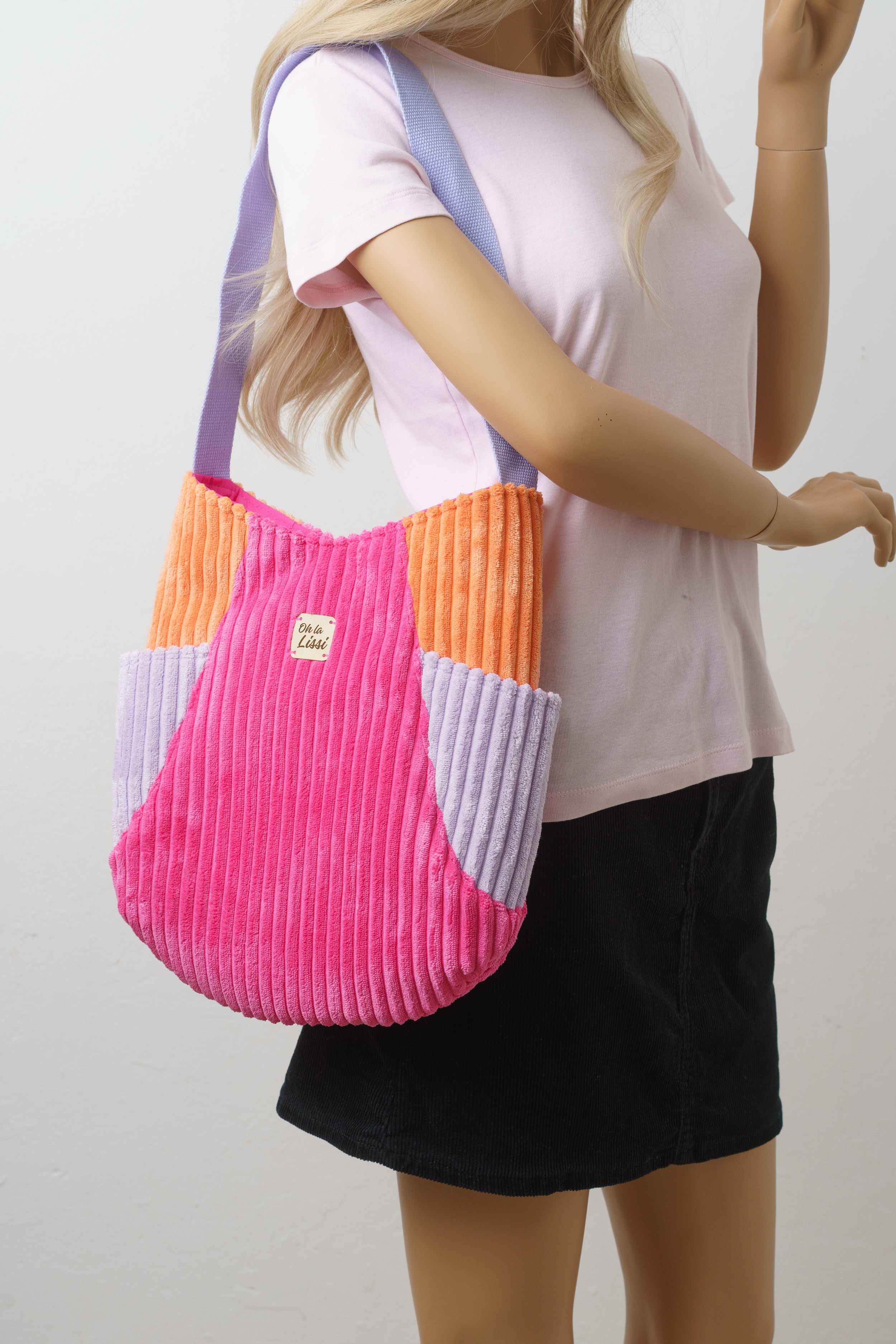 Colorblocking Shopper aus Cord in Pink, Orange und Flieder