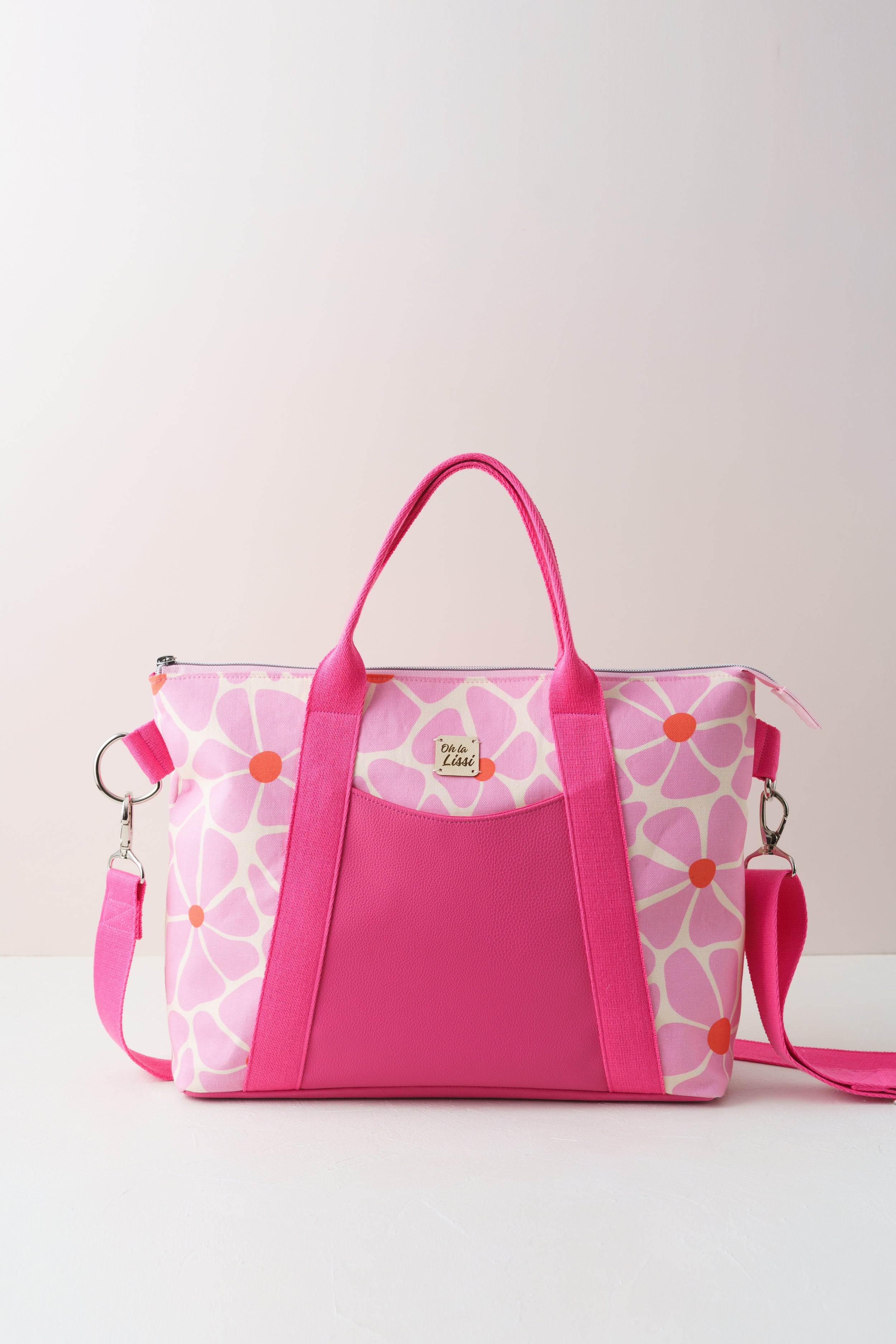 Großer Shopper Crossbody Bag mit Retro Blumen in Rosa und Orange