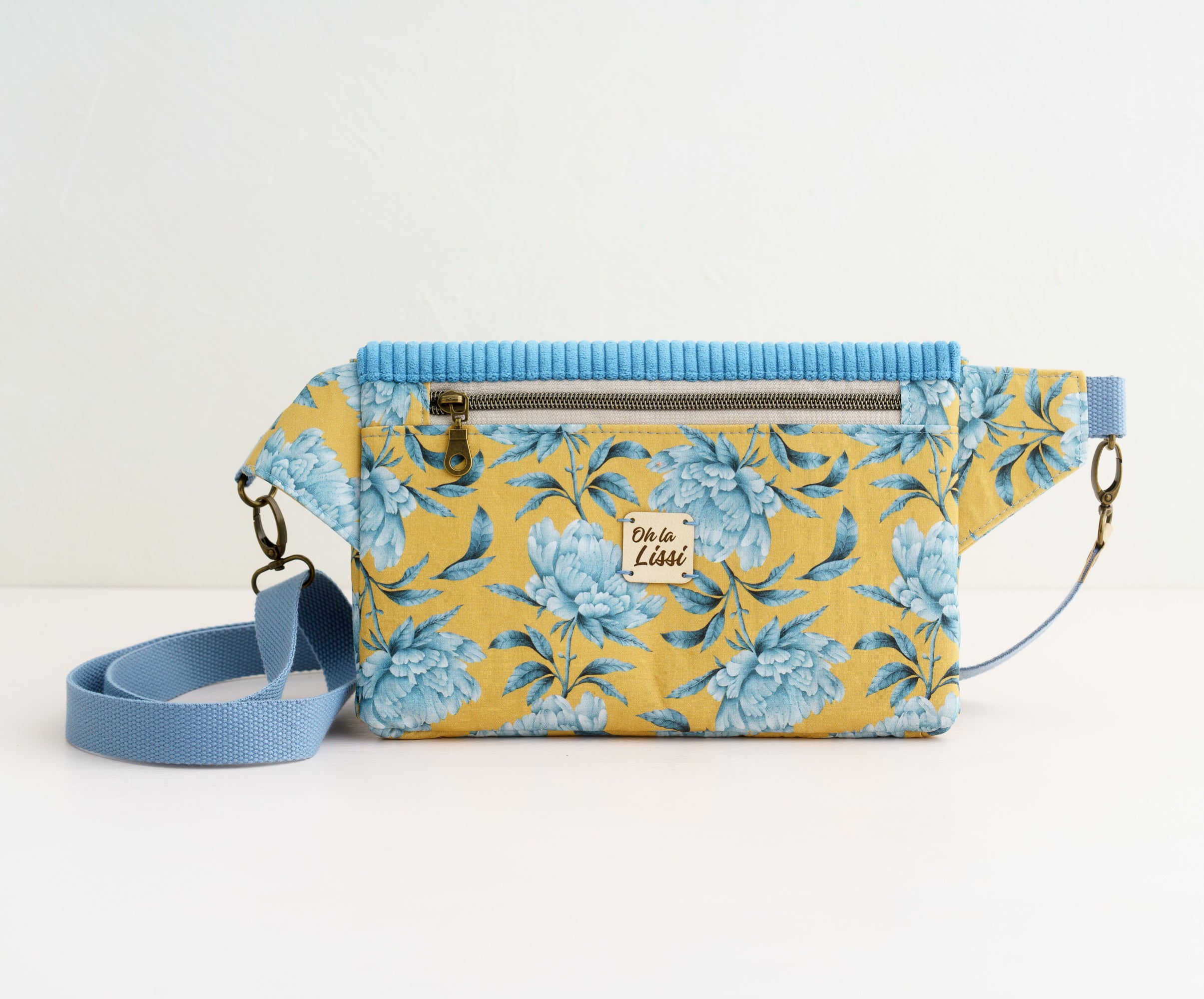 Crossbody Tasche Pfingstrosen Senfgelb Blau mit Bienenverschluss