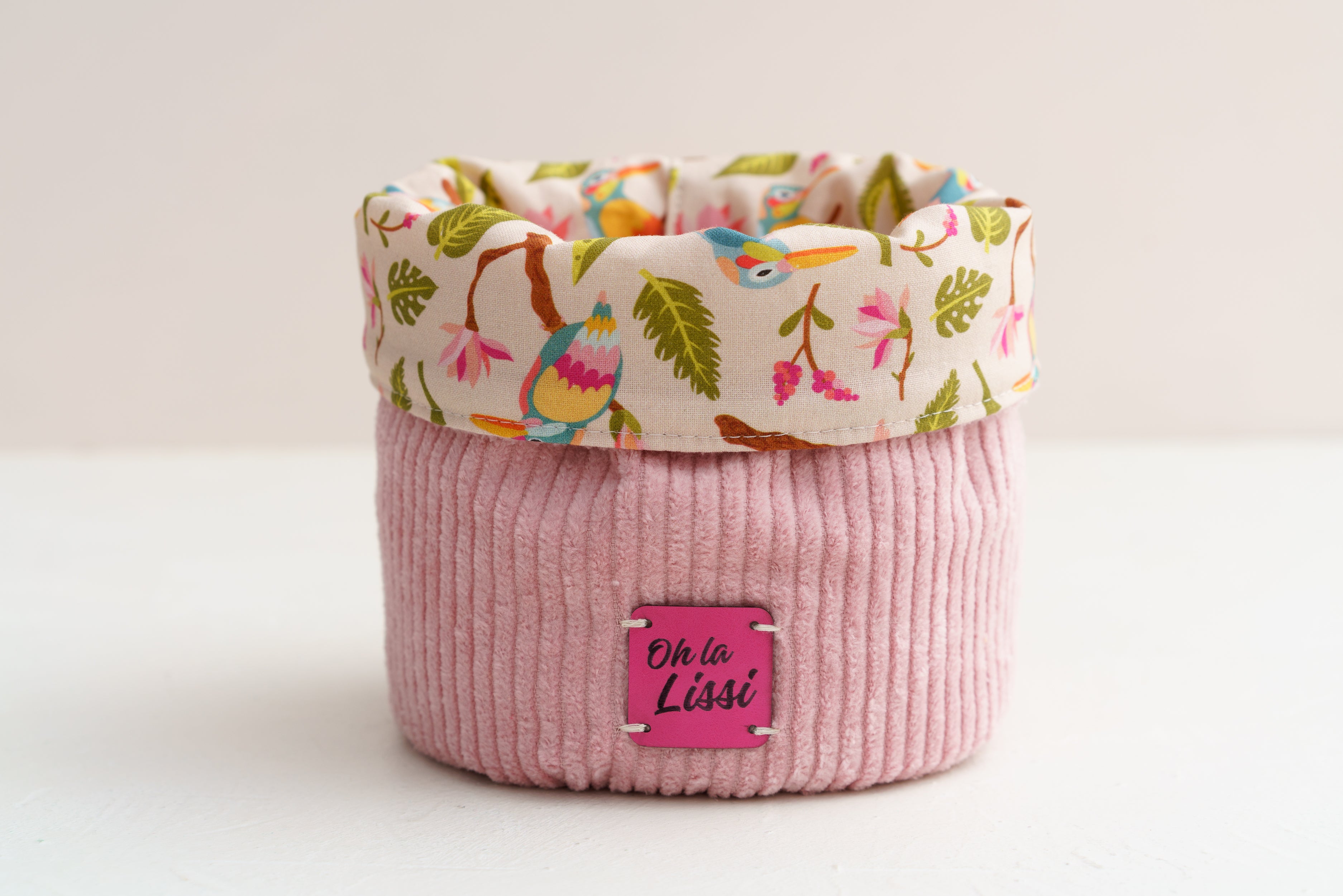 Handgenähtes Utensilio aus Cord mit Eisvogel-Muster – Rosa Aufbewahrungskorb